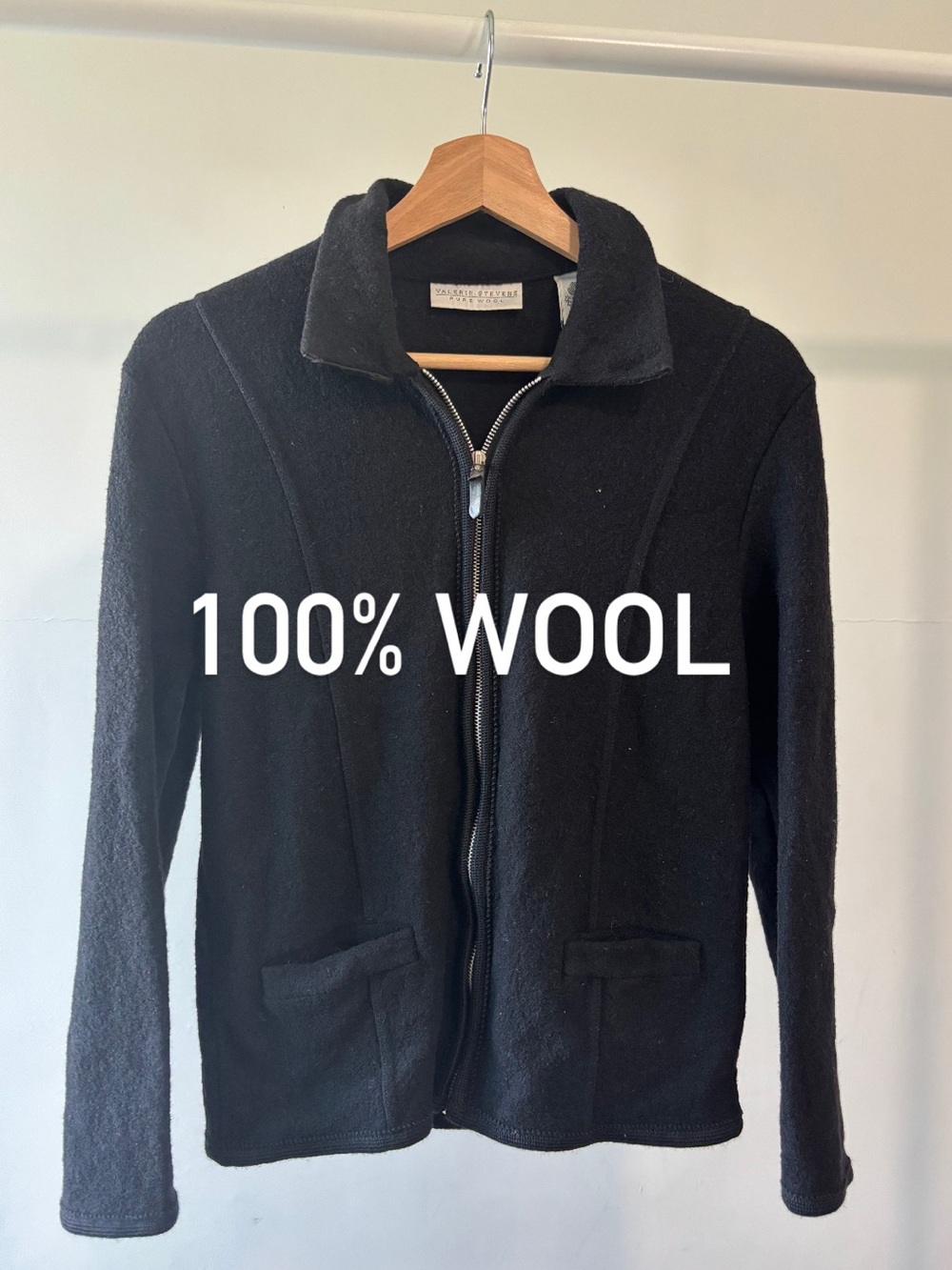 Valerie Steven’s Black Zip-Front Jacket | 100% Wool | Size S